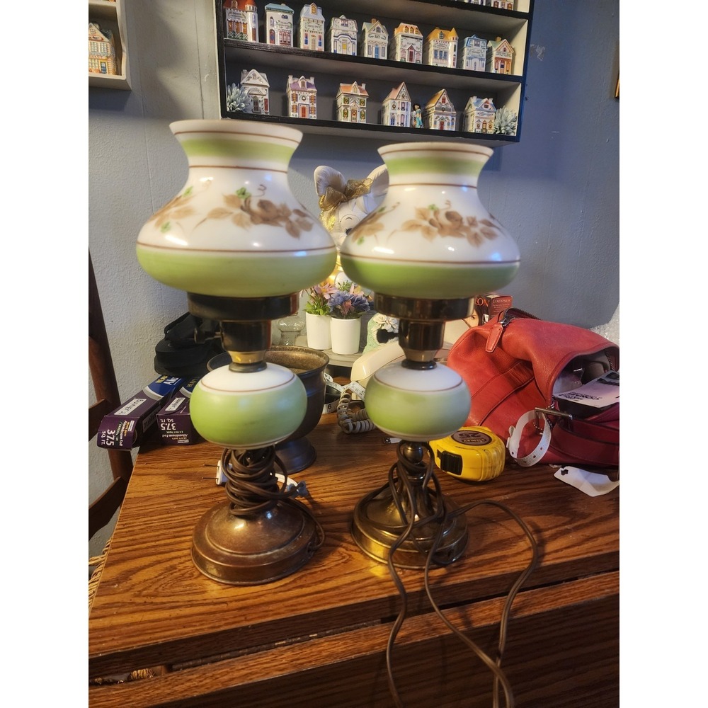 Vintage Set Of 2 Gone With The Wind Floral Boudoir Hurricane Lamps, Gold Base